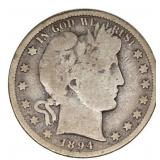 1894-S US SILVER 50C BARBER HALF DOLLAR COIN