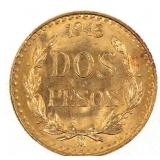 1945 MEXICAN 90% GOLD DOS PESOS COIN MS