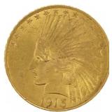 1913 US GOLD $10 INDIAN HEAD EAGLE COIN AU+