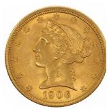 1906-D US GOLD $5 LIBERTY HEAD HALF EAGLE COIN MS
