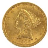 1908 US GOLD $5 LIBERTY HEAD HALF EAGLE COIN MS
