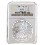 2001 US SILVER EAGLE $1 COIN NGC MS69