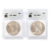 1923 US SILVER PEACE DOLLAR COINS ICG MS63