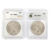 1922 & 1923 US SILVER PEACE DOLLAR COINS ICG MS62
