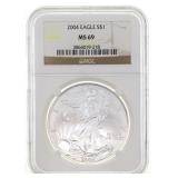 2004 US SILVER EAGLE $1 COIN NGC MS69