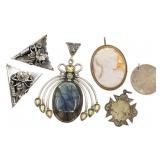 STERLING SILVER PENDANTS, BROOCH, & COLLAR TIPS