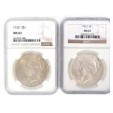 1922 & 1923 US SILVER PEACE DOLLAR COINS NGC MS63