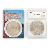 1922 & 1923 US SILVER PEACE DOLLAR COINS ICG & PCG