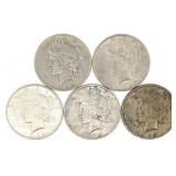 1922 US SILVER PEACE DOLLAR VG-XF COINS - LOT OF 5