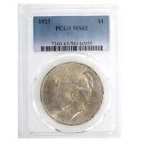 1923 US SILVER PEACE DOLLAR COIN PCGS MS63
