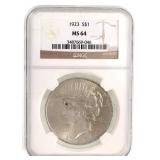1923 US SILVER PEACE DOLLAR COIN NGC MS64