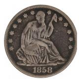 1858 US SILVER 50C SEATED LIBERTY HALF DOLLAR