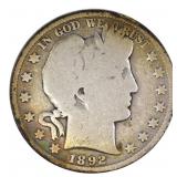1892 US SILVER 50C BARBER HALF DOLLAR COIN