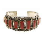 STERLING SILVER RAY BEGAY RED CORAL CUFF BRACELET