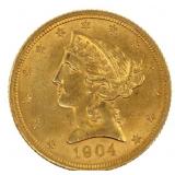 1904 US GOLD $5 LIBERTY HEAD HALF EAGLE COIN MS