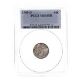1955-D US SILVER ROOSEVELT 10C COIN PCGS MS64FB