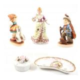 EXPORT PORCELAIN FIGURINES, TRINKET DISH & BOX LOT