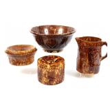 BROWN GLAZE POTTERY PITCHER, BOWL, SPITTOON & JAR
