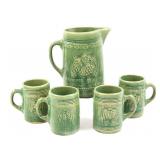 GREEN STONEWARE BEER PITCHER SET WITH 4 MUGS