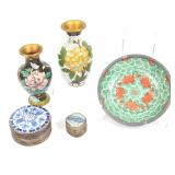 ASIAN CLOISONNE VASES, TRAY & PORCELAIN BOXES