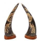 CHINESE CARVED WATER BUFFALO HORNS ON BASES