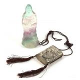 CHINESE GUANYIN FLUORITE STATUE & INCENSE HOLDER