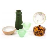 GLASS BOWLS, CANDLE HOLDERS, VASE AND JAR