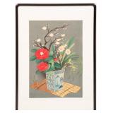 BAKUFU OHNO WINTER FLOWERS IN VASE WOODBLOCK PRINT