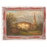 LANDSCAPE PAINTING OF MOUNTAIN AND CHURCH