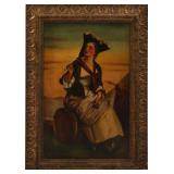 19TH C. WOMAN IN TRICORNE HAT OIL PAINTING