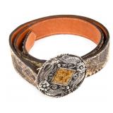 RATTLESNAKE OVER LEATHER BELT & SILVER TONE BUCKLE
