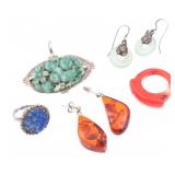 CHINESE STERLING JADE, LAPIS, AMBER, CORAL JEWELRY