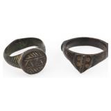 MEDIEVAL BRONZE SIGNET SHIELD RINGS - LOT OF 2