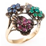 9K GOLD EMERALD, RUBY & SAPPHIRE FASHION RING