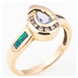 14K YELLOW GOLD TANZANITE & OPAL RING