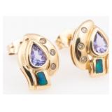 14K YELLOW GOLD TANZANITE & OPAL EARRINGS