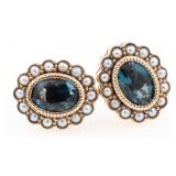 9K YELLOW GOLD BLUE TOPAZ SEED PEARL EARRINGS