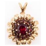 14K YELLOW GOLD RUBY FLORAL DESIGN PENDANT