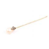 VICTORIAN 9K YELLOW GOLD PEARL & DIAMOND HAT PIN