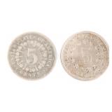 1867 & 1869 US SHIELD NICKELS - LOT OF 2