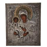 GREEK THEOTOKOS ICON WHITE METAL OKLAD