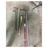 Assorted Hand Tools; Pickaxe, PitchFork, Crowbar