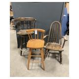 3 Assorted Wooden Chairs; Swivel, Rocker, Bar