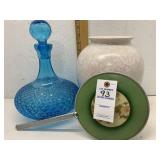 Blue Glass Decanter & Ceramic Vase