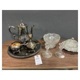 Silver Plated Tea Set & Crystal