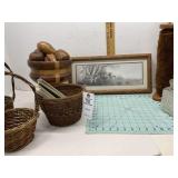 Wooden Framed Duck Picture w/ Wooden Fruit in Bowl