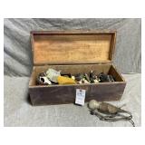 Vintage Wooden Tool Box & Vintage Electrical Parts