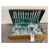 Assorted Silverware in Wooden Box Wm Rogers,