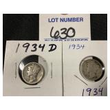 2 1934 Mercury Dimes