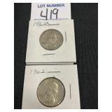 2 1962 And 1962-D Washington Quarters